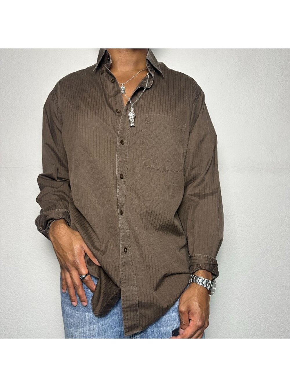 Roundtree & Yorke Long Sleeve Shirt Men L Dress Button Up Striped Loose Fit Prep